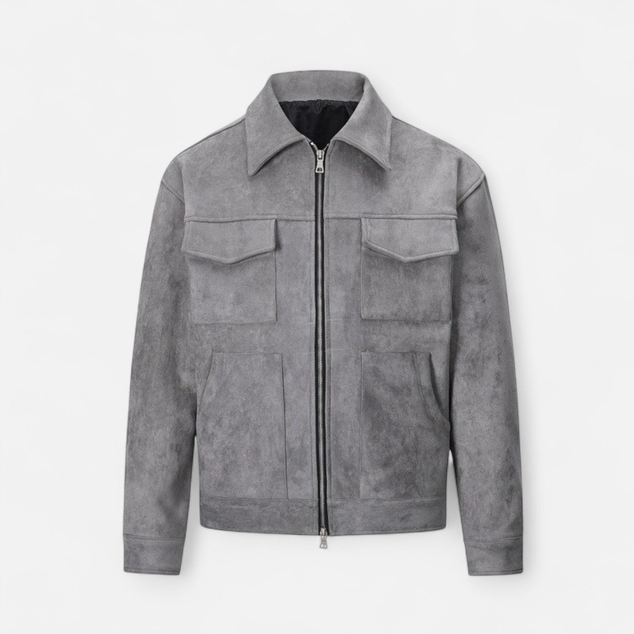 Men's Suede Utility Jacket – Oversized Full-Zip with Lapel Collar and Warm Lining