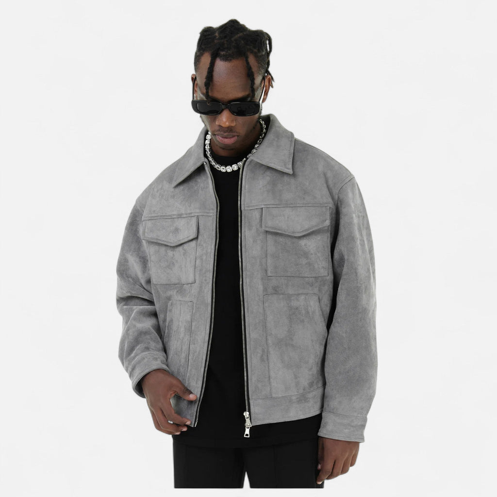 Men's Suede Utility Jacket – Oversized Full-Zip with Lapel Collar and Warm Lining