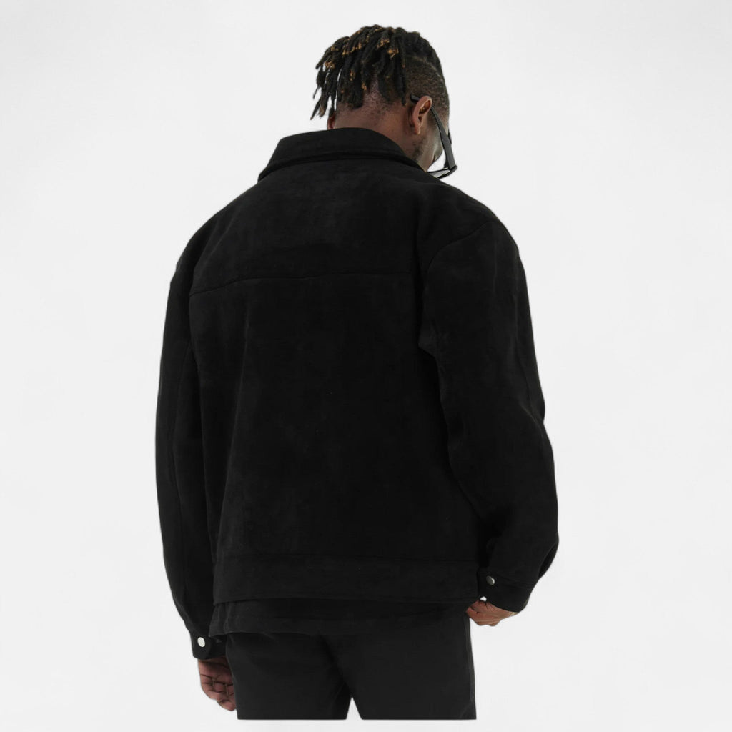 Men's Suede Utility Jacket – Oversized Full-Zip with Lapel Collar and Warm Lining