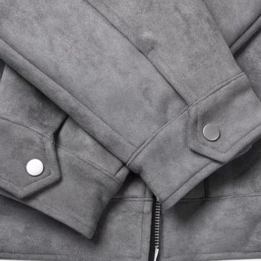 Men's Suede Utility Jacket – Oversized Full-Zip with Lapel Collar and Warm Lining