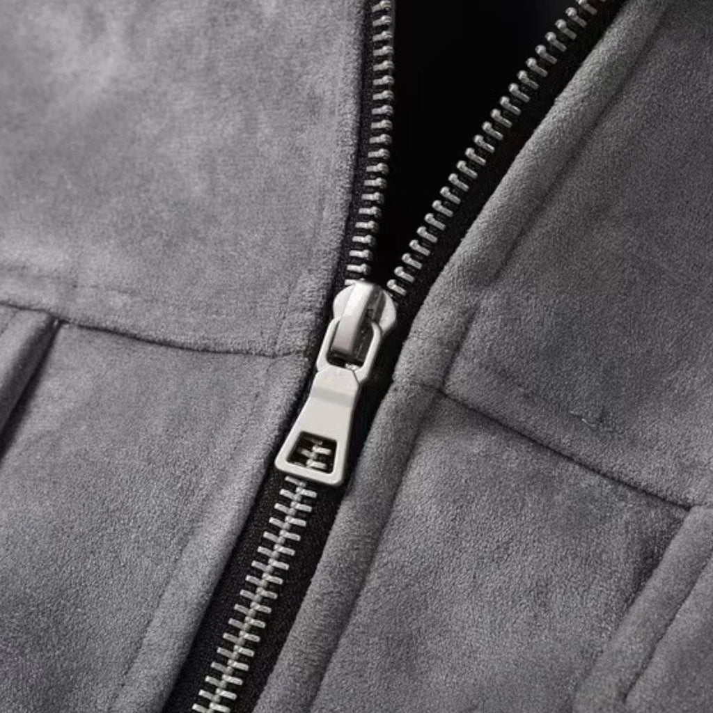 Men's Suede Utility Jacket – Oversized Full-Zip with Lapel Collar and Warm Lining