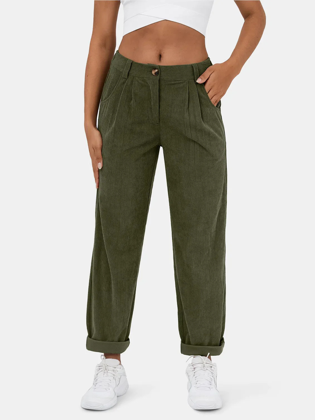Women's Corded Barrel Leg Trousers – High Waist with Front Pleats and Side Pockets