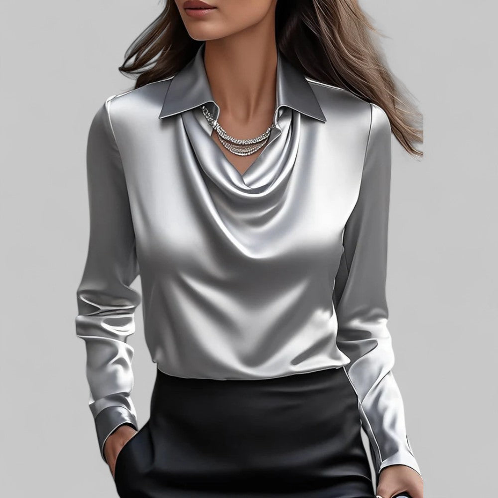Women's Satin Blouse – Long Sleeve Cowl Neck