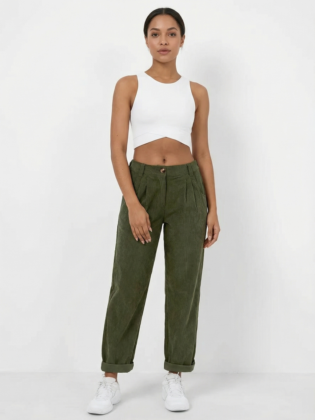 Women's Corded Barrel Leg Trousers – High Waist with Front Pleats and Side Pockets
