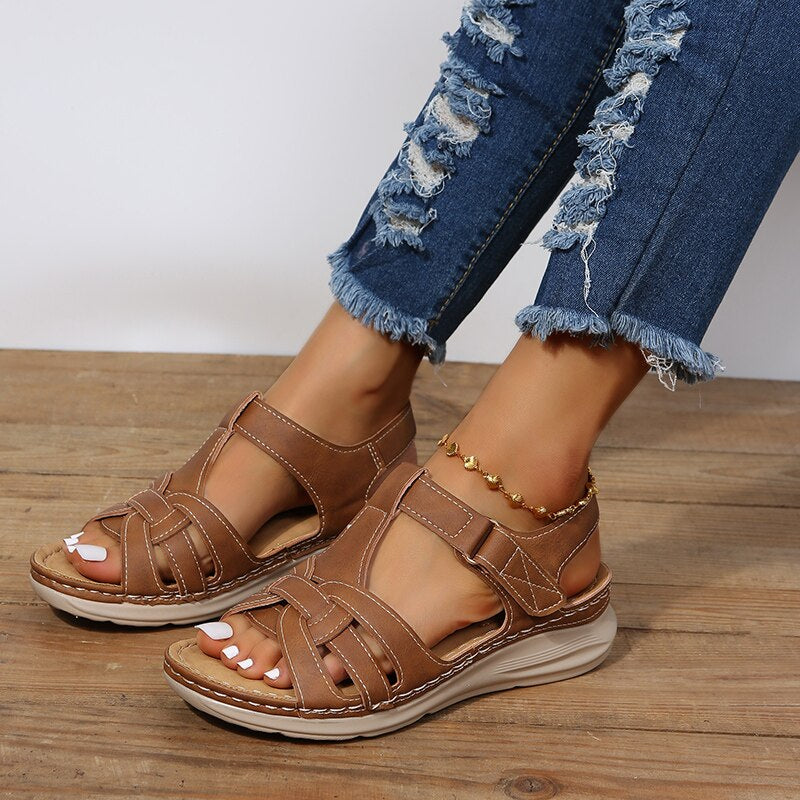 Women's Orthopedic Flat Sandals – Woven Multi-Strap Velcro Ankle Closure Wide Fit