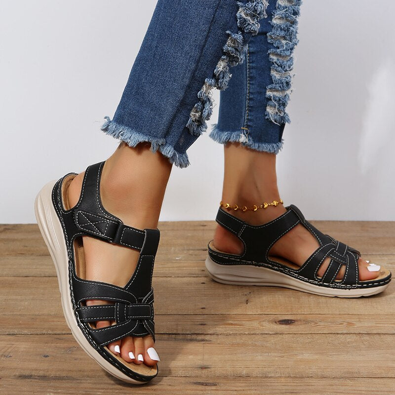 Women's Orthopedic Flat Sandals – Woven Multi-Strap Velcro Ankle Closure Wide Fit