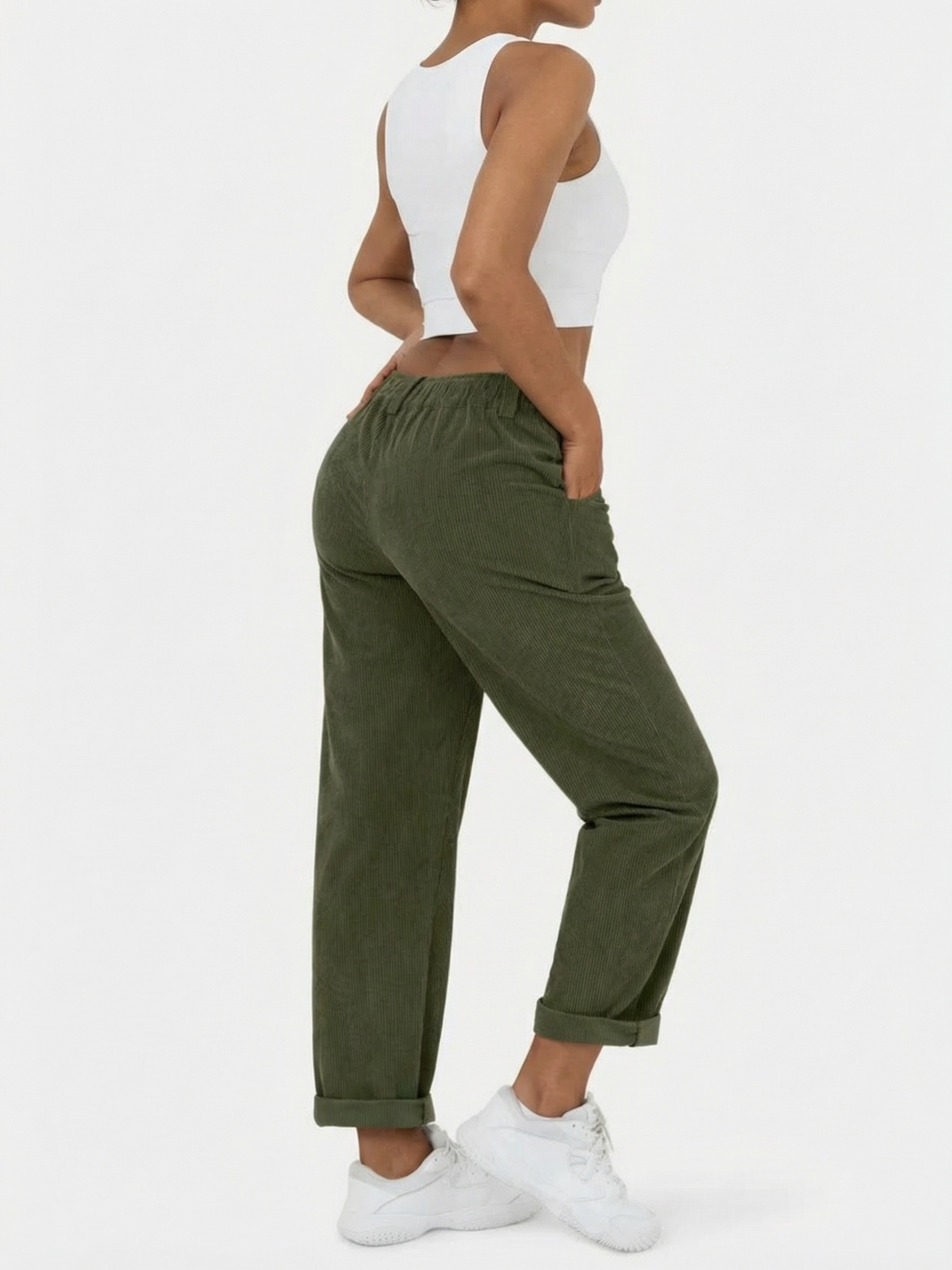 Women's Corded Barrel Leg Trousers – High Waist with Front Pleats and Side Pockets