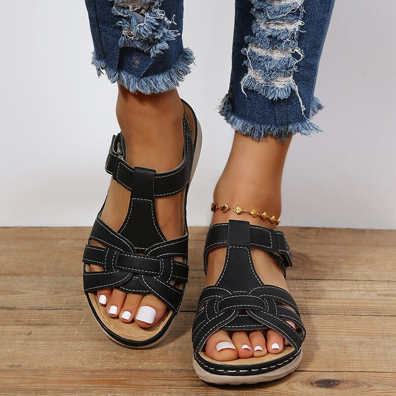 Women's Orthopedic Flat Sandals – Woven Multi-Strap Velcro Ankle Closure Wide Fit