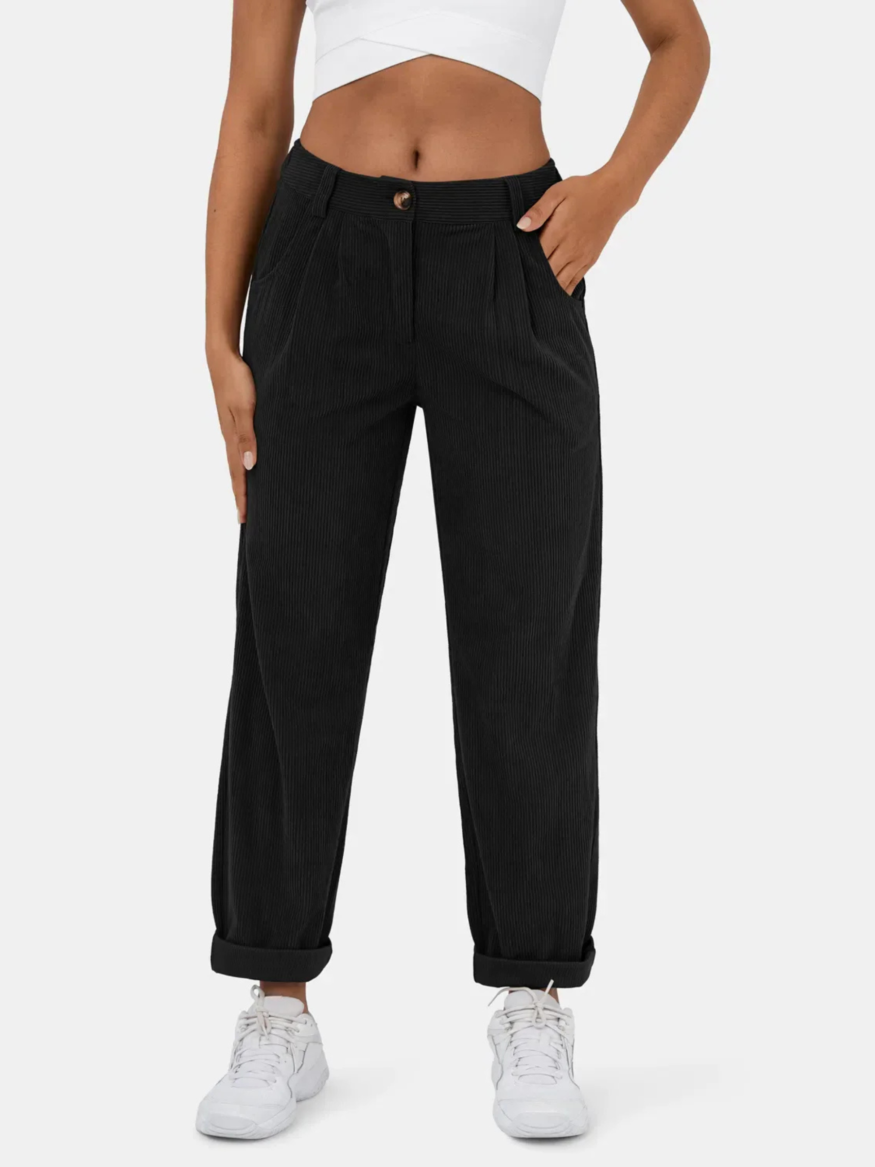 Women's Corded Barrel Leg Trousers – High Waist with Front Pleats and Side Pockets
