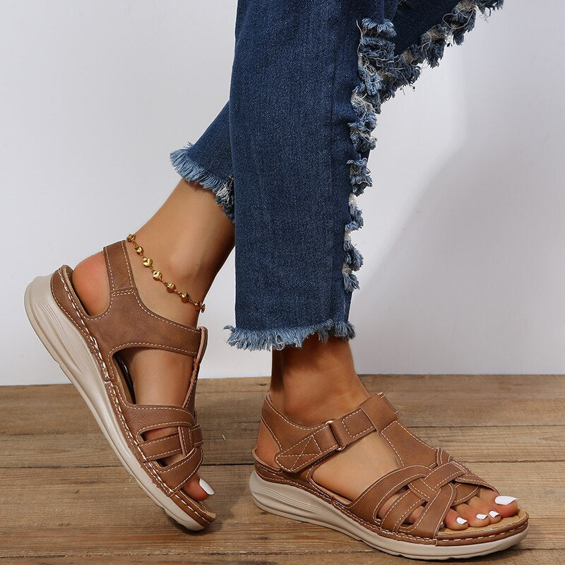 Women's Orthopedic Flat Sandals – Woven Multi-Strap Velcro Ankle Closure Wide Fit