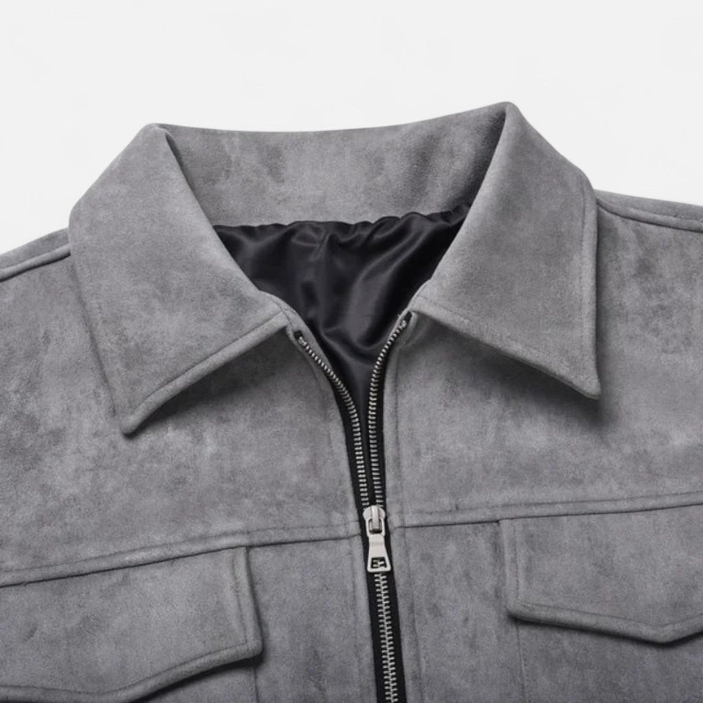 Men's Suede Utility Jacket – Oversized Full-Zip with Lapel Collar and Warm Lining
