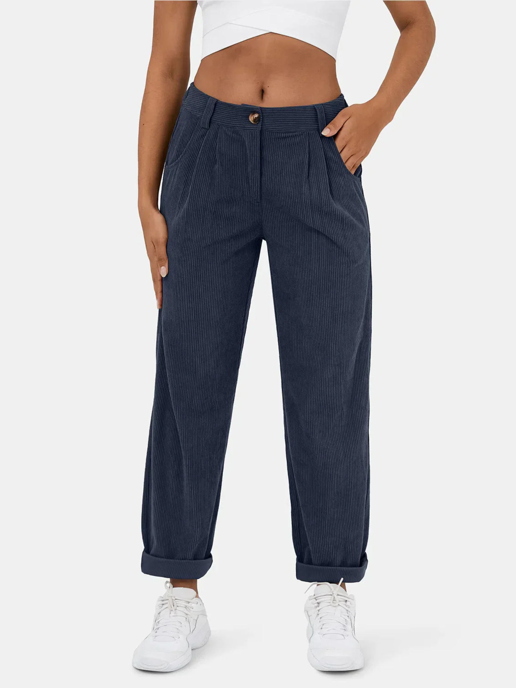 Women's Corded Barrel Leg Trousers – High Waist with Front Pleats and Side Pockets
