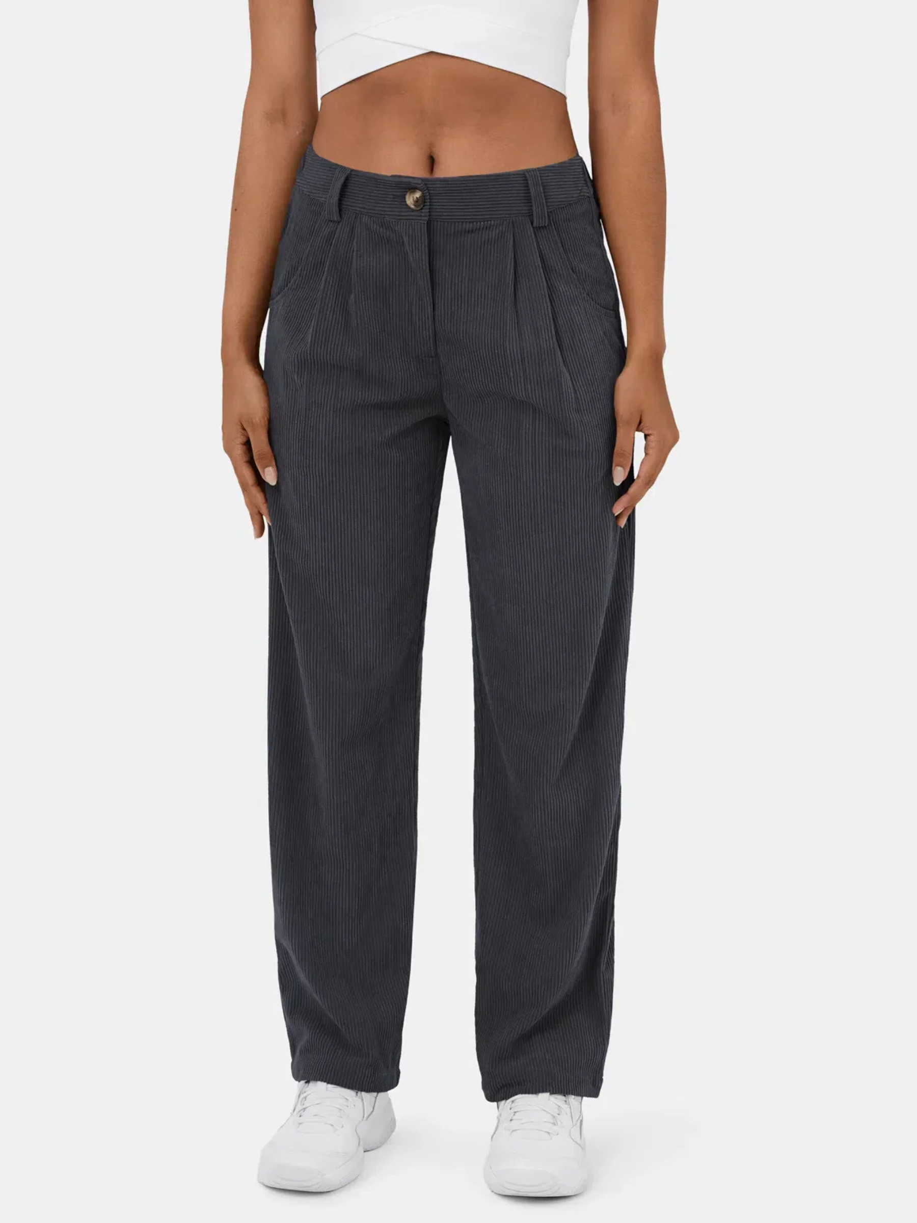 Women's Corded Barrel Leg Trousers – High Waist with Front Pleats and Side Pockets