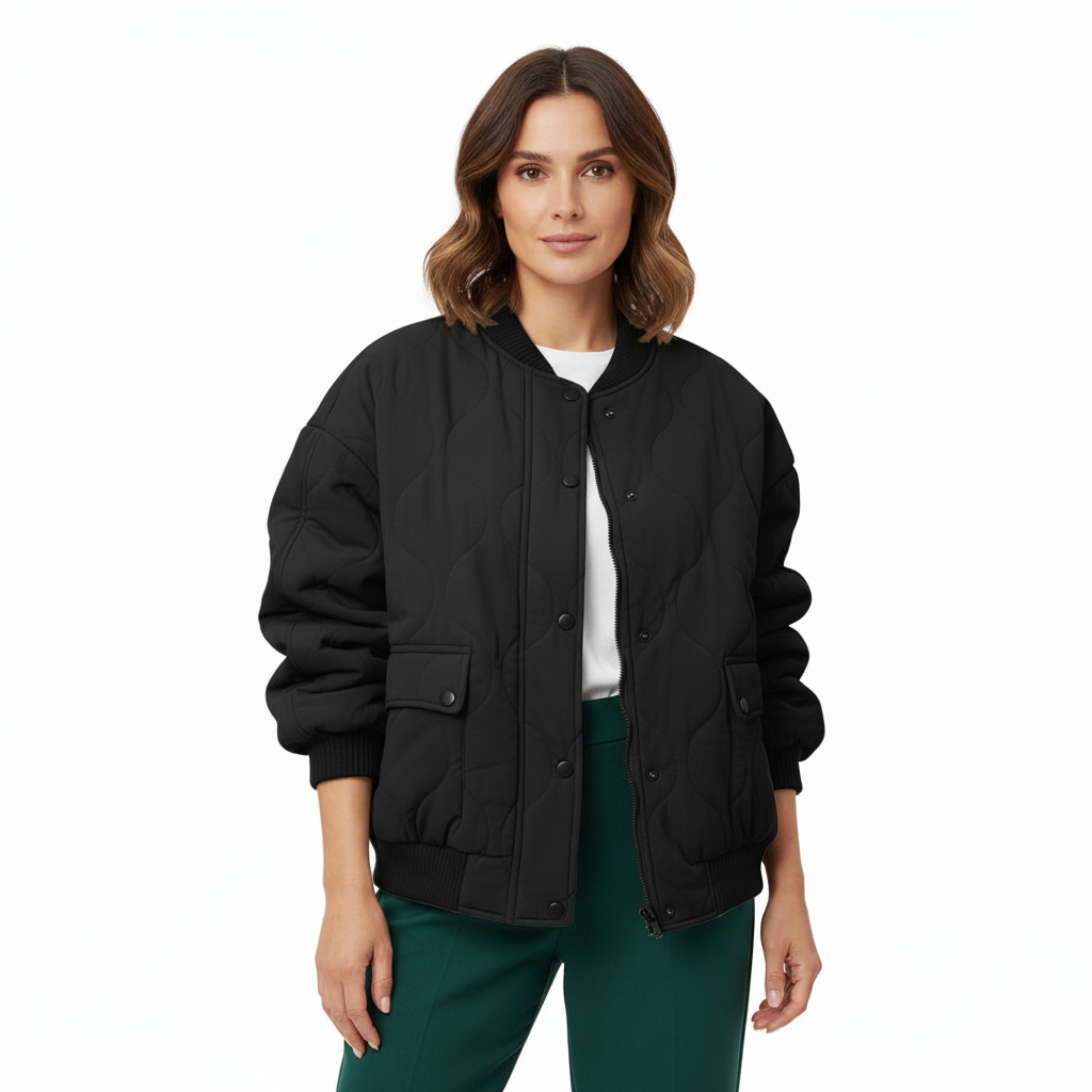 Women's Quilted Bomber Jacket – Lined Full Zip with Ribbed Trim