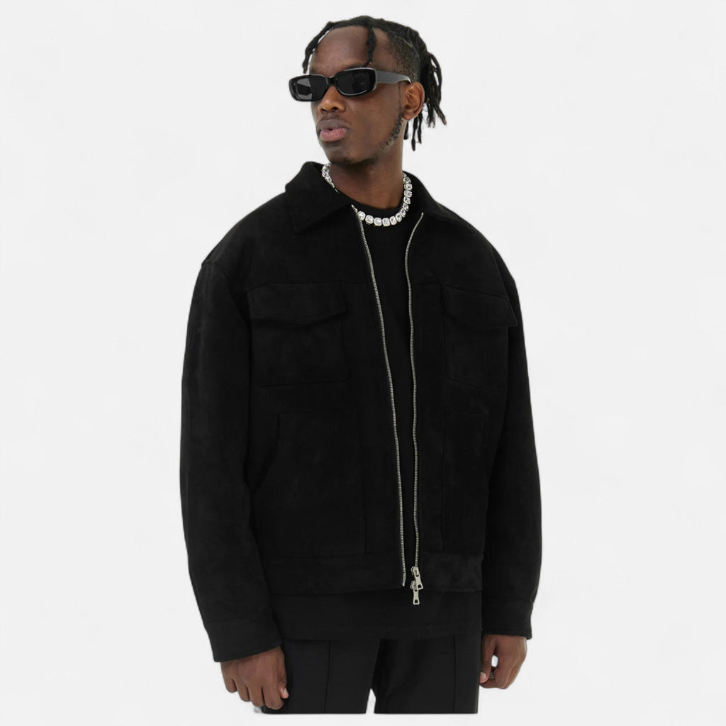 Men's Suede Utility Jacket – Oversized Full-Zip with Lapel Collar and Warm Lining