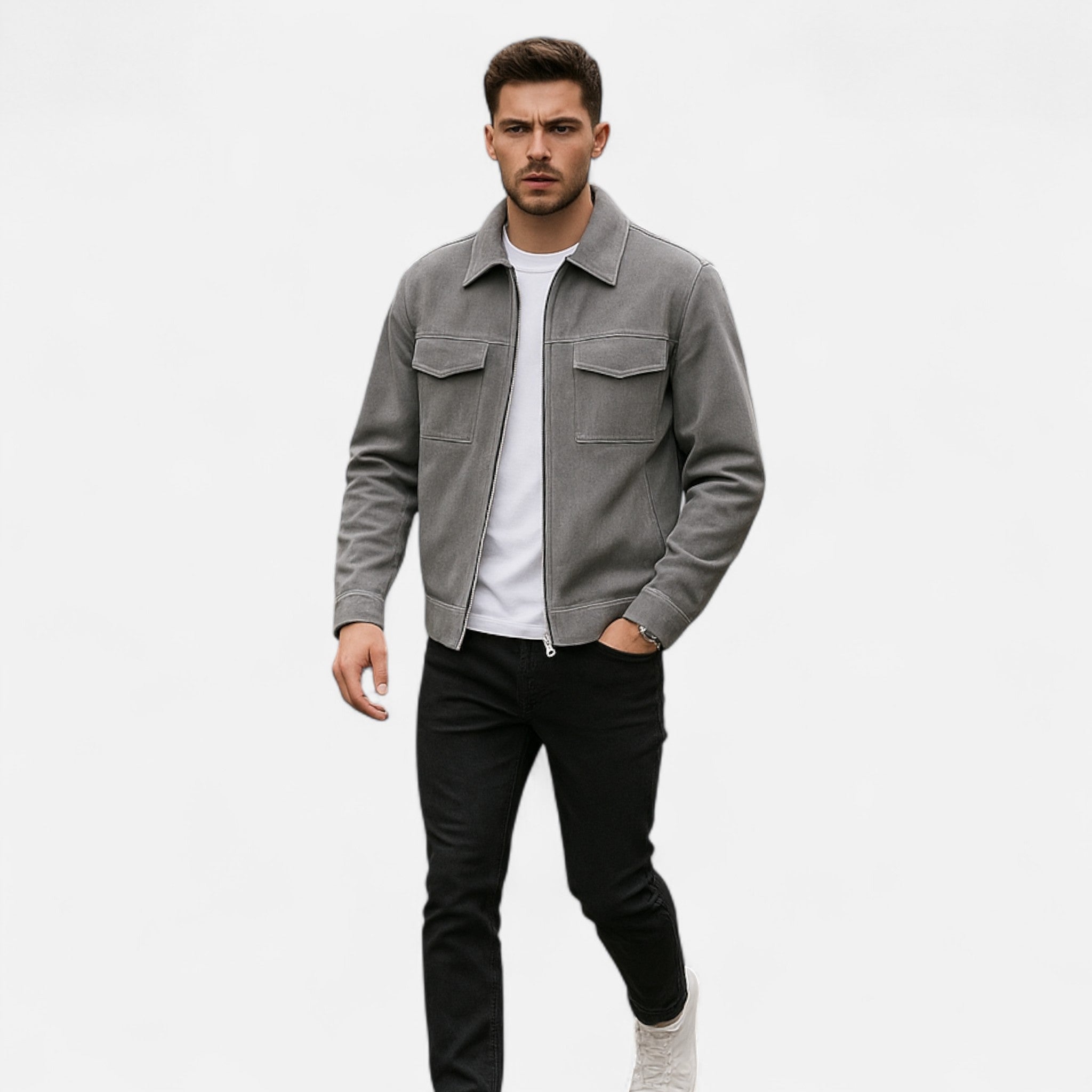 Men's Suede Utility Jacket – Oversized Full-Zip with Lapel Collar and Warm Lining