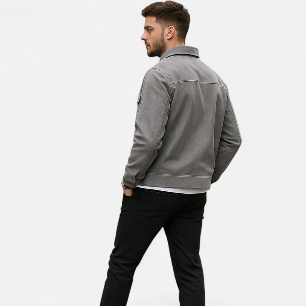 Men's Suede Utility Jacket – Oversized Full-Zip with Lapel Collar and Warm Lining