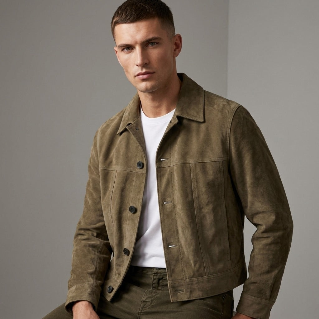 Men's Suede Jacket – Lightweight Outerwear with Shirt Collar and Button Closure