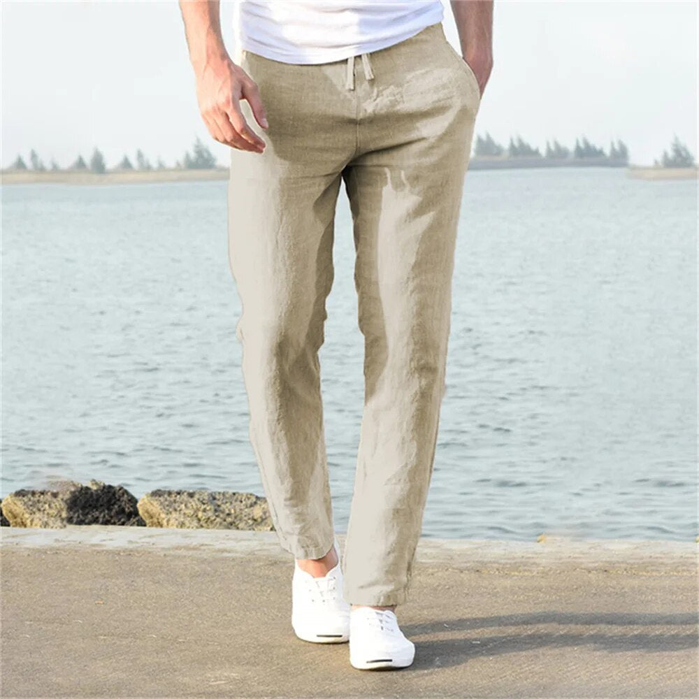 Men's Linen Trousers – Relaxed Fit with Elasticated Drawstring Waist