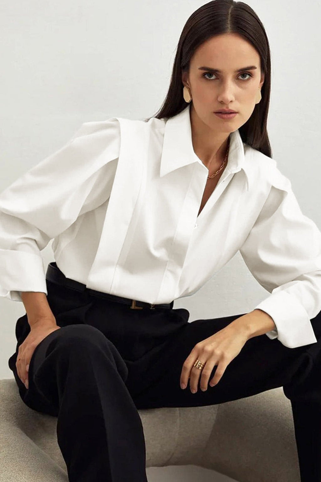 Women's Tailored Office Blouse – Long Sleeve Button-Down Work Top