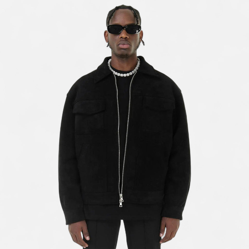 Men's Suede Utility Jacket – Oversized Full-Zip with Lapel Collar and Warm Lining
