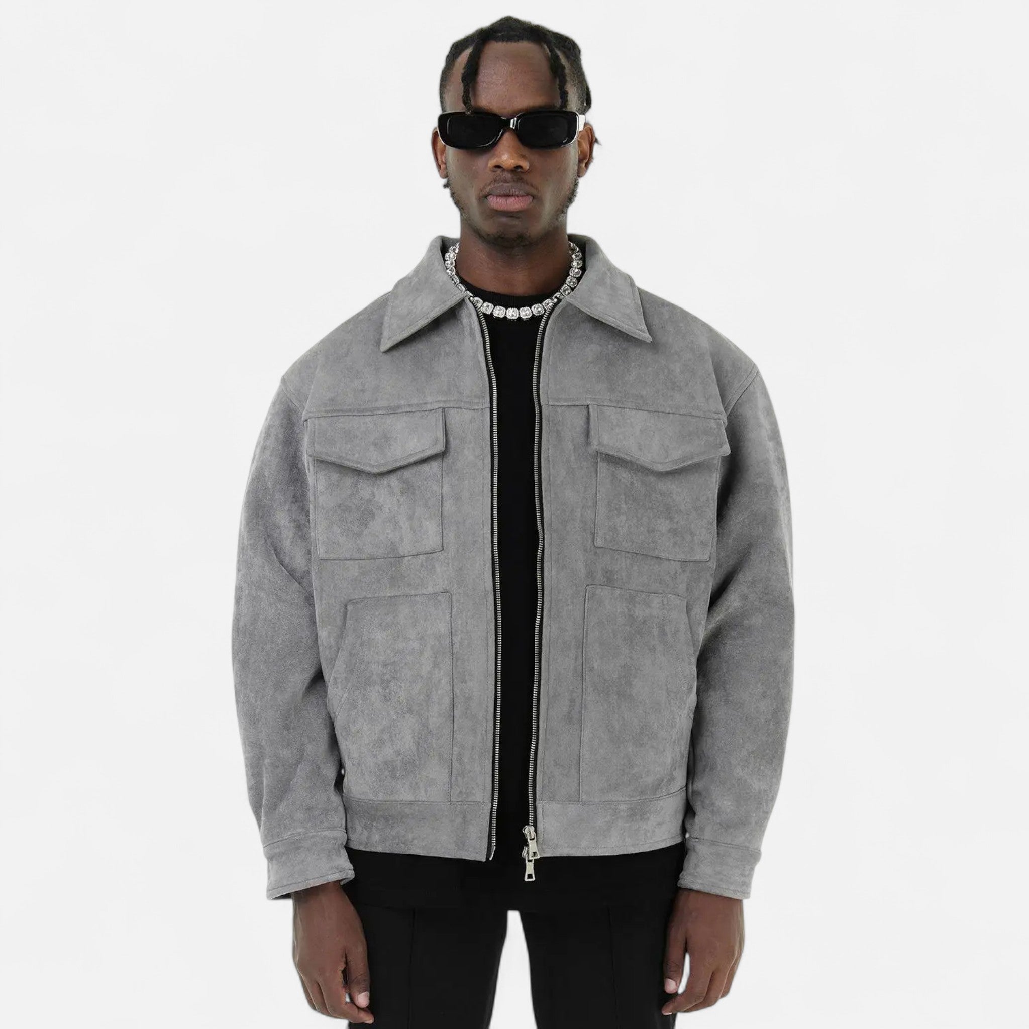Men's Suede Utility Jacket – Oversized Full-Zip with Lapel Collar and Warm Lining
