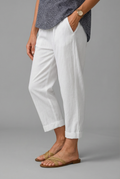 Women's Linen Cropped Tapered Trousers – High Waist Turn-Up Cuff with Side Pockets