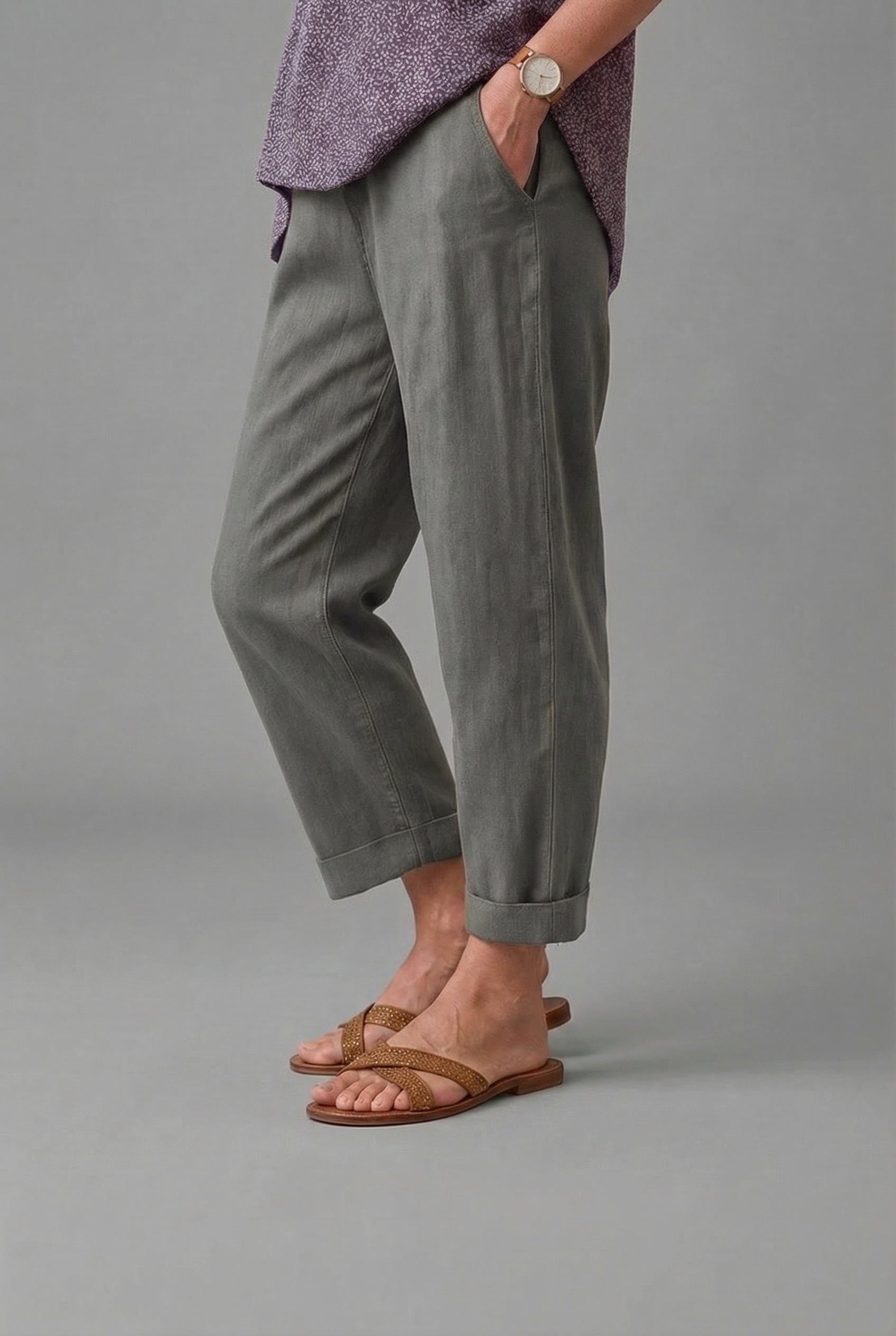 Women's Linen Cropped Tapered Trousers – High Waist Turn-Up Cuff with Side Pockets
