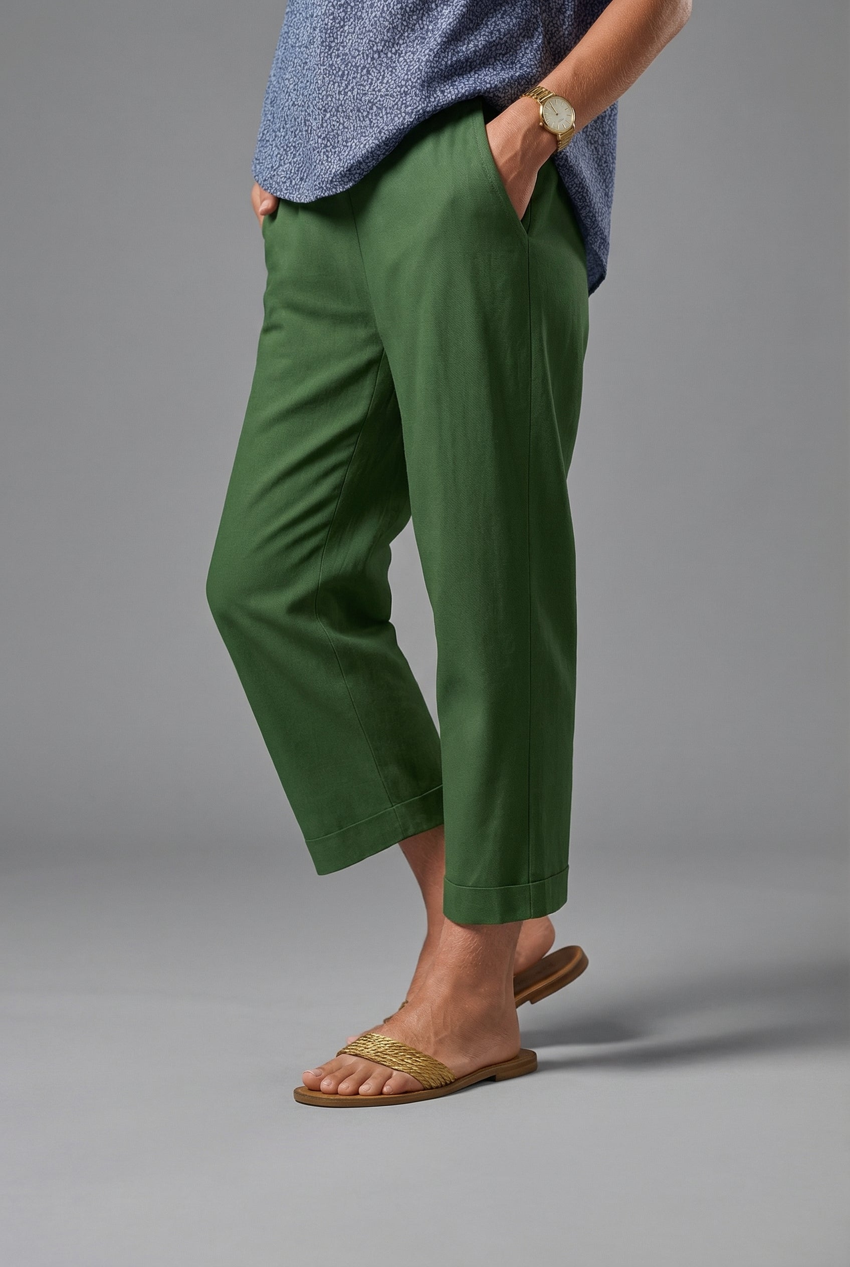 Women's Linen Cropped Tapered Trousers – High Waist Turn-Up Cuff with Side Pockets